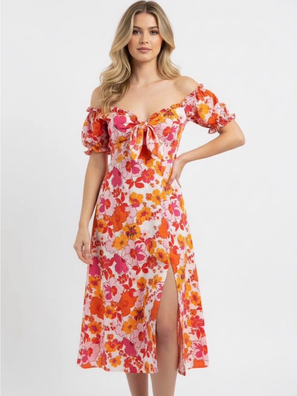 Floral Off-Shoulder Tie-Front Midi Dress in Pink & Orange